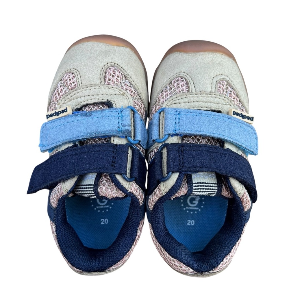 Pediped Gehrig baby shoes in Gingersnap tan and blue with hook & loop straps